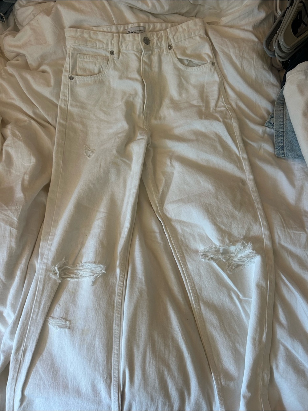 Zara White High-Rise Straight Leg Distressed Jeans